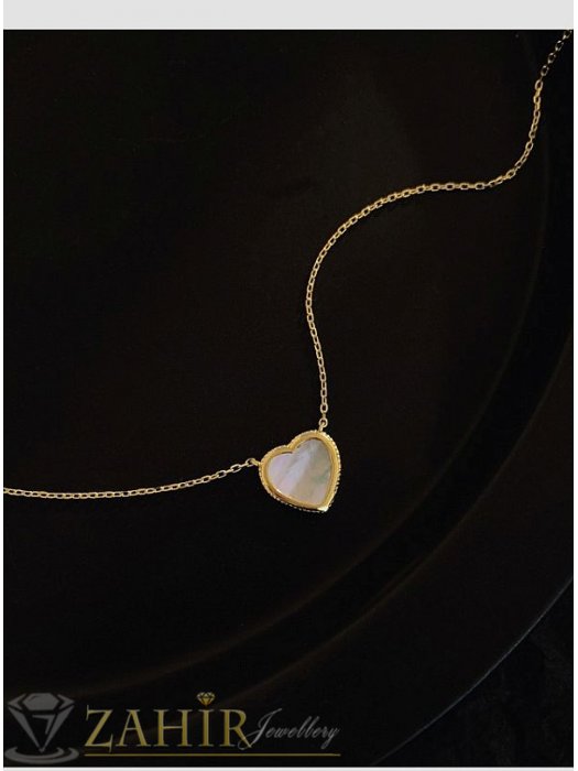 Дамски бижута - Романтично бяло седефено сърце 1,5 см на тънка класическа верижка 45 см или 50 см, позлатена стомана - K2125